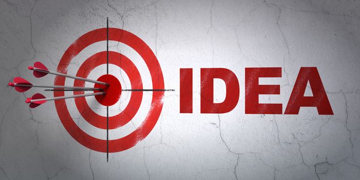 Success marketing concept: arrows hitting the center of target, Red Idea on wall background, 3d render