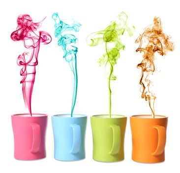 Coffee or beverage cups of different colors with matching color steam