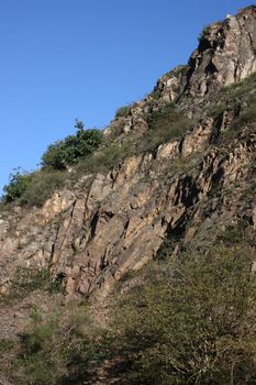 A landscape in the highlands, with rocks, trees and blue sky