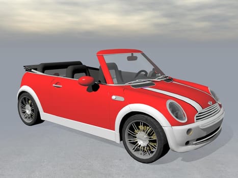 Small beautiful red and white convertible car standing in grey background