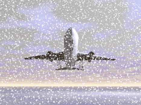 White aircraft taking off or landing by winter snowing weather