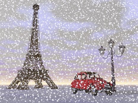 French Eiffel tower next to red typical car and old streetlamp by snowing winter weather, Paris, France