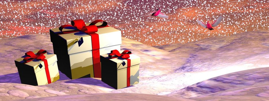 Three gift boxes on the ground with falling snow covering fir trees by beautiful sunset light
