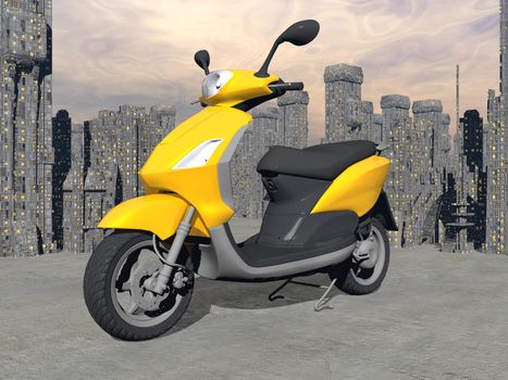 Single yellow scooter standing in front of a city on grey background