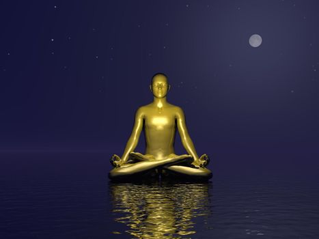 Golden man meditating on quiet water by dark night with full moon