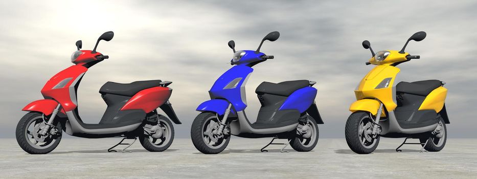 Three colorful scooter standing in grey background