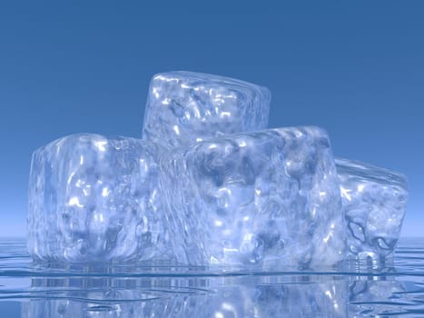 Close up on many ice cubes into water in blue background