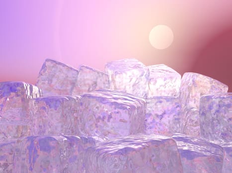 Close up on many ice cubes in front of beautiful violet sunset