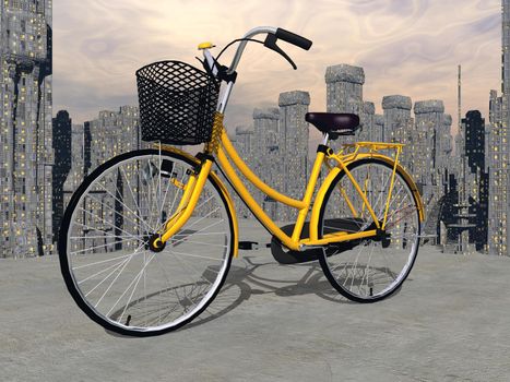Beautiful yellow city bike in the street, urban background