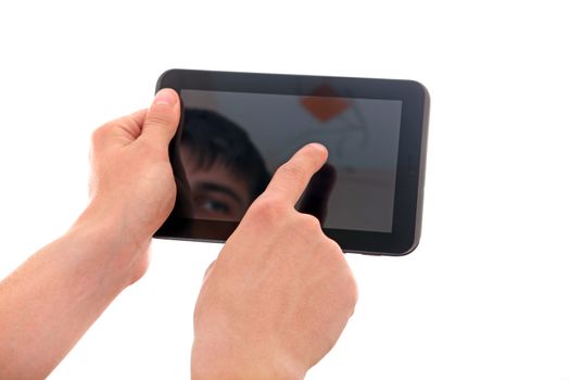 Person hold Tablet Computer Closeup Isolated on the White Background