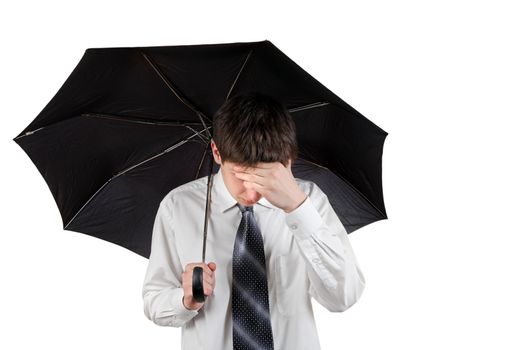 Sad Young Man with Umbrella Isolated on the White Background