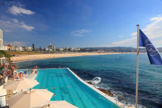 Bondi, Australia - November 3, 2013;  View overlooking the popular Bondi Icebergs swimming pool and famous Bondi Beach, Australia.  People have been blurred slightly