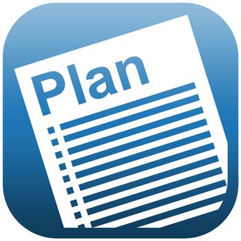 Blue white icon illustration of a document with heading "Plan" and checklist