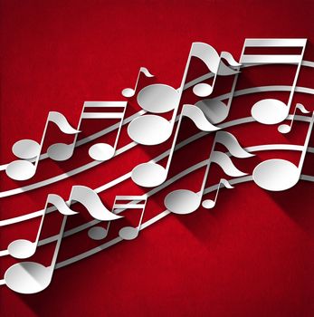 White and gray musical notes and stave on red velvet background with shadows