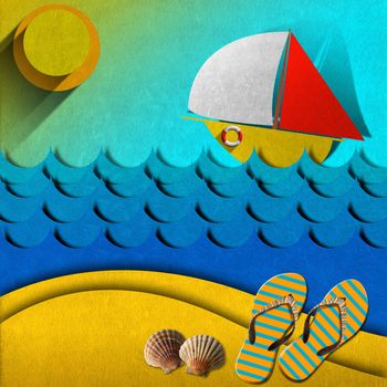 Stylized seascape with sailboat, waves, sky, sun, flip flops and seashells - Drawing with colored fabric
