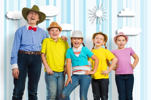 children in a row, wearing a hat. behind background with clouds and sky