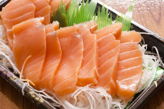 fresh salmon piece for sushi on wood background