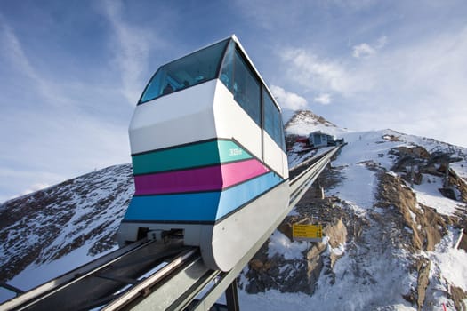 Funicular going to Kitzsteinhorn peak in austrian alps next to kaprun resort