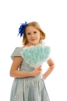 Young Girl in Princess Dress with Fan and Blue Bow in her Hair