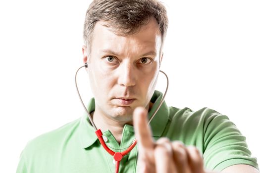 Doctor in a green shirt with a red stethoscope and gives instructions