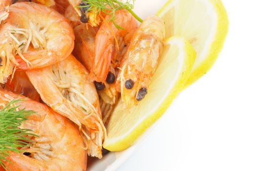 Frame of Delicious Big Boiled Shrimps with Dill and Lemon Slices isolated on white background