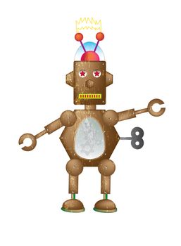 A single hexagon shaped robot set on a white isolated background on a portrait format image with a grunge style effect applied.