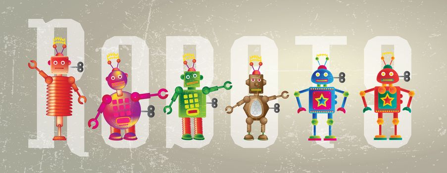 Six colorful robots set on a grunge style background set against the word Robot.