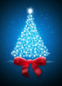 Christmas tree from white snowflakes on dark blue background