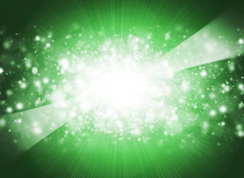 Christmas abstract background. Snow and rays on a green background