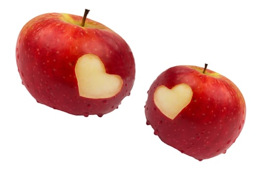 Two apples with hearts on a white background, valentine's day theme.