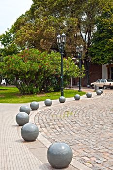 View of the park with stone balls and trees 