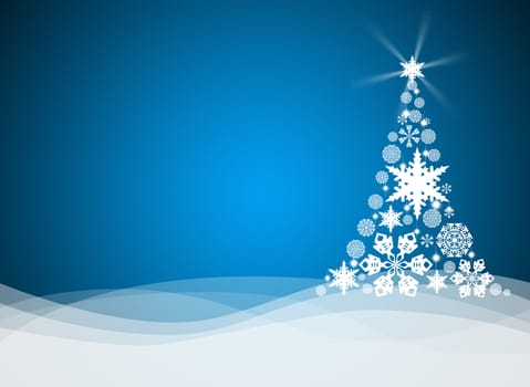 Christmas tree from white snowflakes on blue background