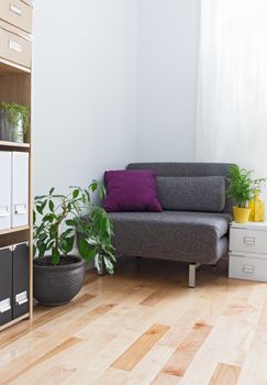 Corner of a living room with gray armchair, bookcase and plants.