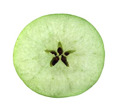 Slice cross section of green apple isolated on white background