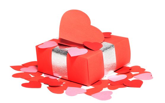 Valentines Day gift in red box and heart shaped card isolated on white