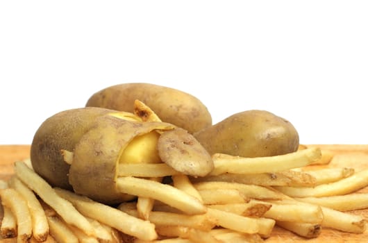 French fries and peeled potato concept isolated on white