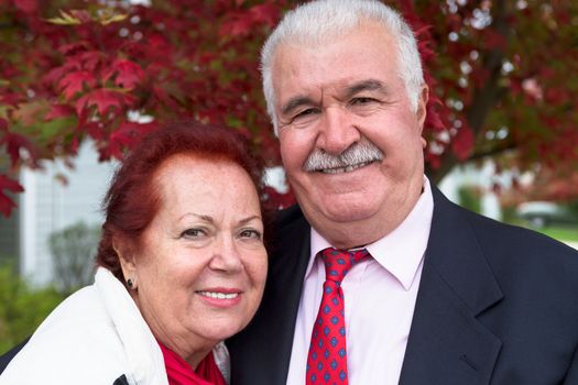 Senior Couple looking at you confidently under the autumn tree