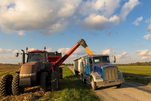 Loading crop of corn to Semi Truck from combine harvester after harvest