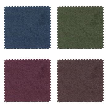 Blue green purple brown fabric samples isolated over white background