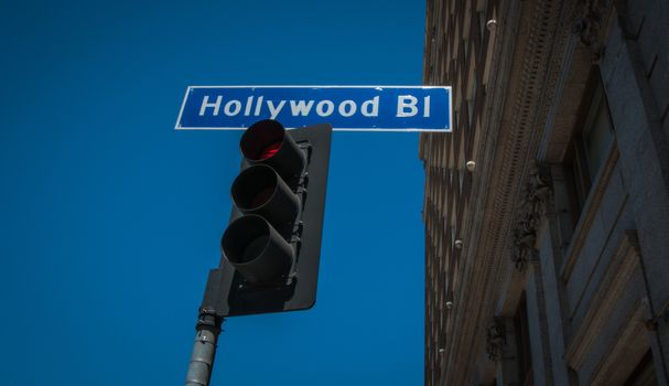 Hollywood  Boulevart street sign with traffic lights 2013
