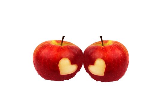 Two apples with hearts on a white background, valentines day theme.