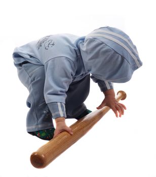 Little boy takes a bat isolated on the white