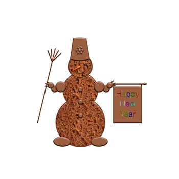 Snowman of chocolate on a white background with a greeting