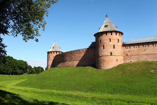 Fortress wall with towers. Novgorod Kremlin. Russia