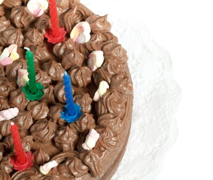 homemade birthday chocolate cake isolated on white