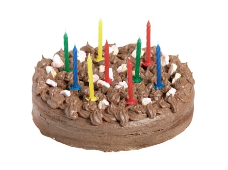 homemade birthday chocolate cake isolated on white