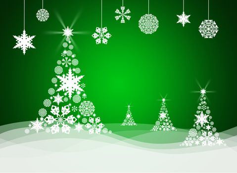 Christmas tree from white snowflakes on green background