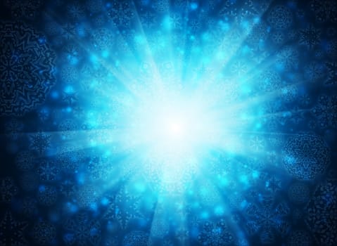 Christmas abstract background. Snow and rays on a blue background