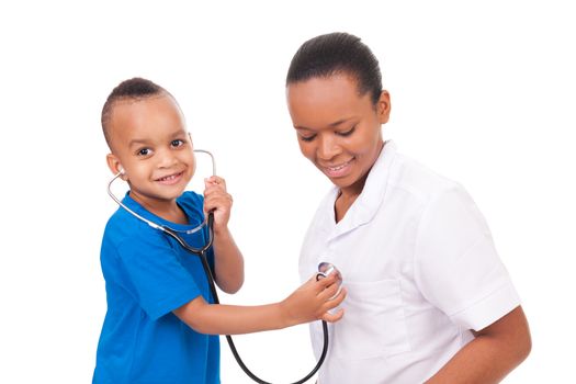 African american woman doctor with child isolated