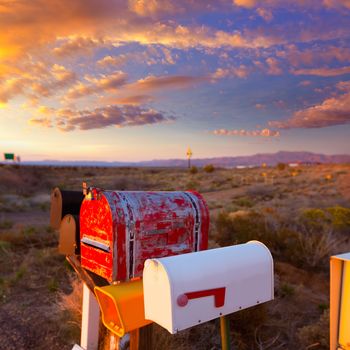 Grunge mail boxes in a row at Arizona desert USA